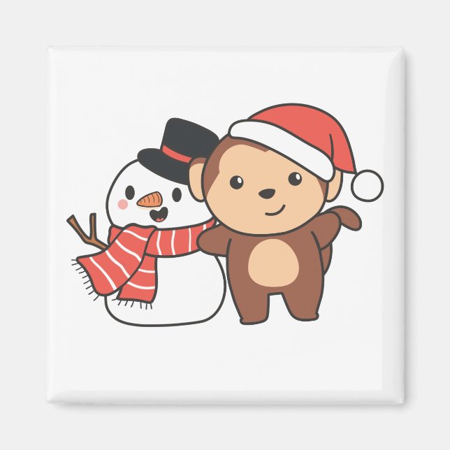 Imã Macaco Com Snowman No Inverno Para O Magno De Nata (Frente)