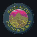 Imã Machu Picchu Peru - Círculo retrô Distinto<br><div class="desc">Trabalho de arte de vetor Machu Picchu. Machu Picchu é uma cidadela inca montada nas montanhas dos Andes,  no Peru,  acima do vale do rio Urubamba.</div>