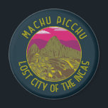 Imã Machu Picchu Peru - Círculo retrô Distinto<br><div class="desc">Trabalho de arte de vetor Machu Picchu. Machu Picchu é uma cidadela inca montada nas montanhas dos Andes,  no Peru,  acima do vale do rio Urubamba.</div>