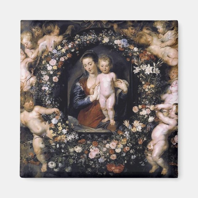 Imã Madonna Floral Wreath With Child by Rubens Magnet (Frente)