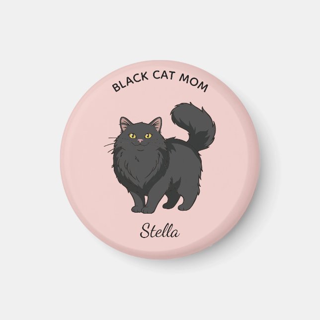 Imã Mãe de Gato Preto de Cabelo Comprido Personalizado (Frente)