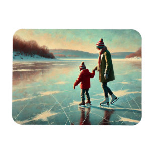 Ímã Mãe e Criança Ice Patinando em um lago congelado