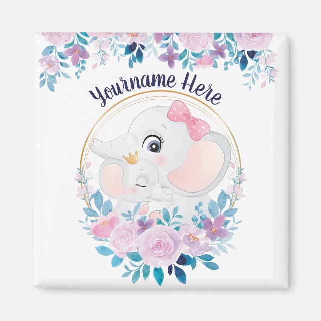 Imã Mãe e Elefante Bebês, cor-de-rosa, coroa (Frente)