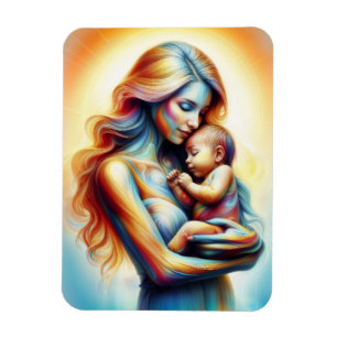 Ímã Mãe segurando o bebê tenente luminoso abraça a art