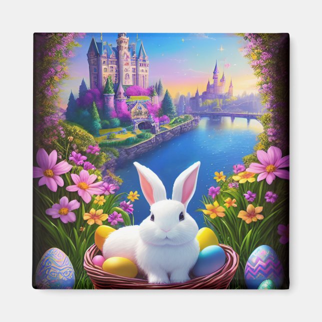 Imã Magical landscape with rabbit and magical castles  (Frente)