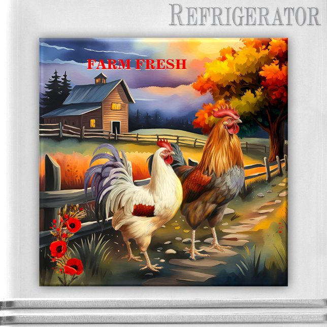 Imã Magnet da Cozinha de Fazenda de Galinha Rooster (Kitchen magnet featuring a colorful painting of a country farm scene with a rooster and chicken)