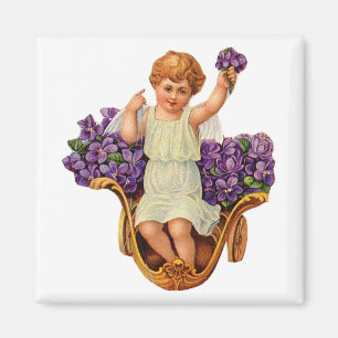 Imã Magnet de Cherub e Flores Roxas