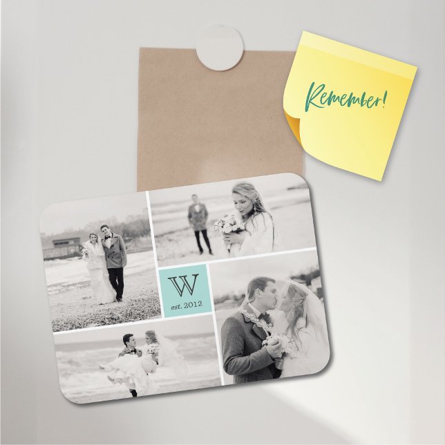 Ímã Magnet de Colagem de Fotos do Monograma de Casamen (Modern Block Wedding Monogram 4 Photo Collage Flexible Magnet @ fat_fa_tin)