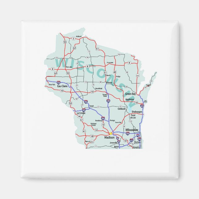 Imã Magnet de Mapa Interestadual de Wisconsin (Frente)