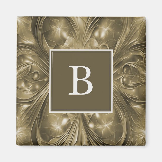 Imã Magnet de Monograma Floreado de Abstrato Dourado (Frente)