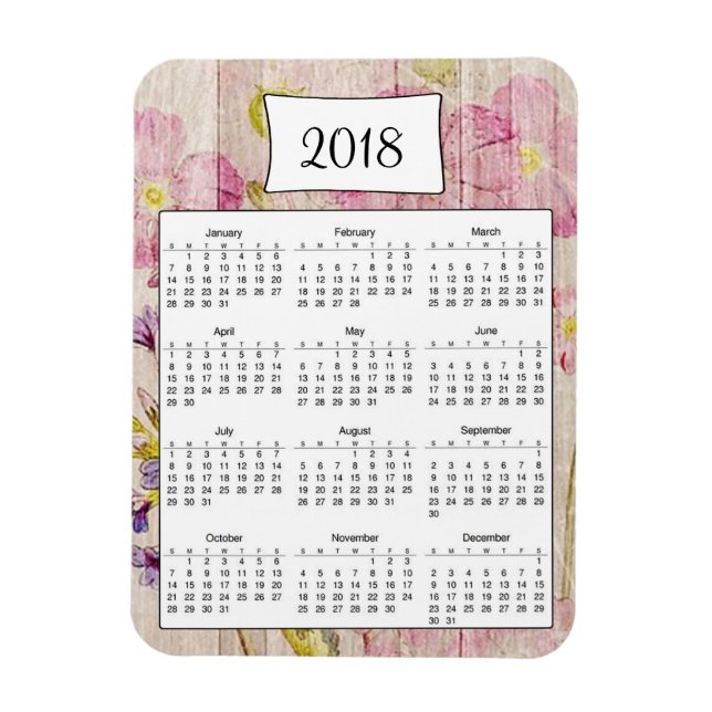 Ímã Magnet do Calendário da Madeira Floral Rustic 2018 (Vertical)