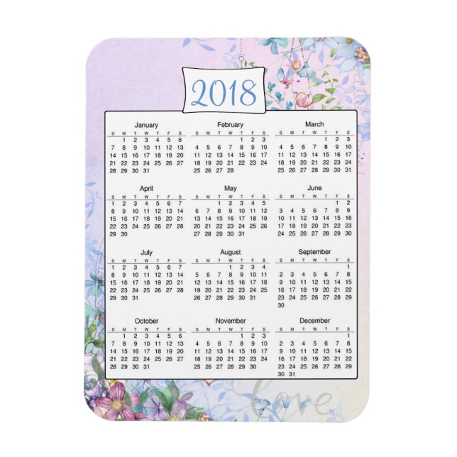Ímã Magnet do Calendário de Amor Floral Roxo 2018 (Vertical)
