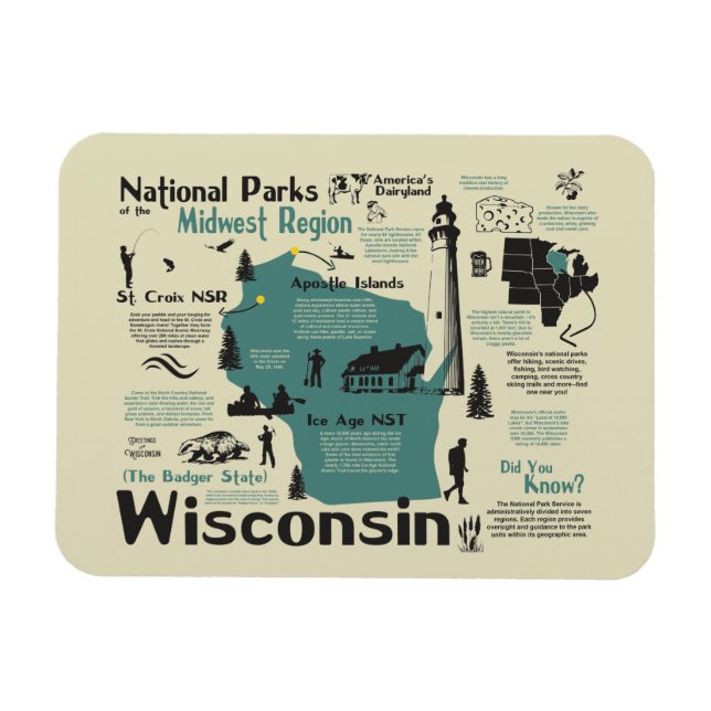 Ímã Magnet do Mapa Nacional dos Parques do Wisconsin (Horizontal)