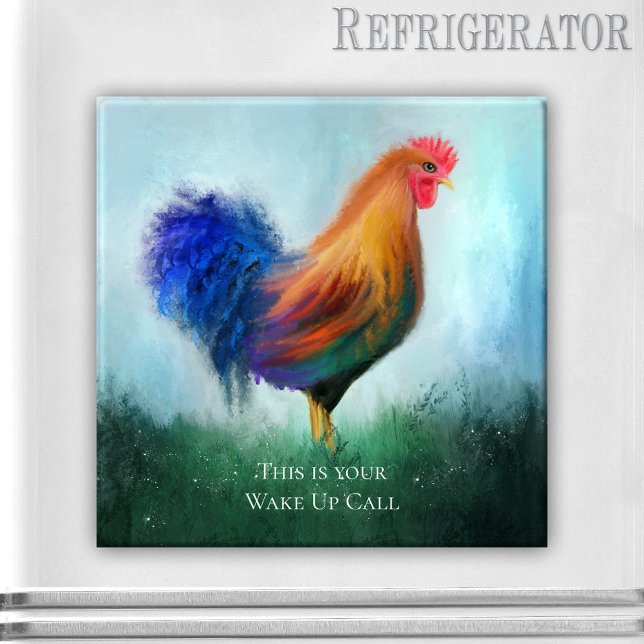 Imã Magnet Personalizado Engraçado Rooster (Funny magnet featuring an original painting of a colorful rooster in a grass field)