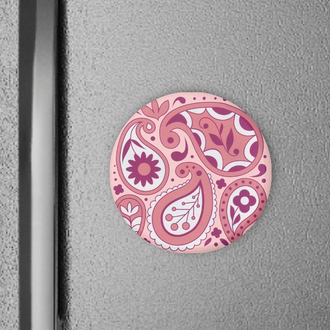 Imã Magnet Rosa Paisley (Pretty pink paisley design lace flowers on abstract round magnet.)