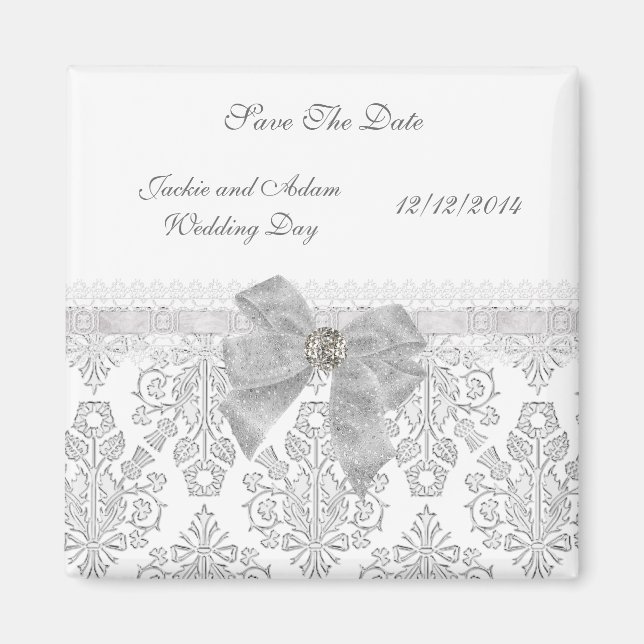 Imã Magnet Salve A Data Casamento Damask White (Frente)