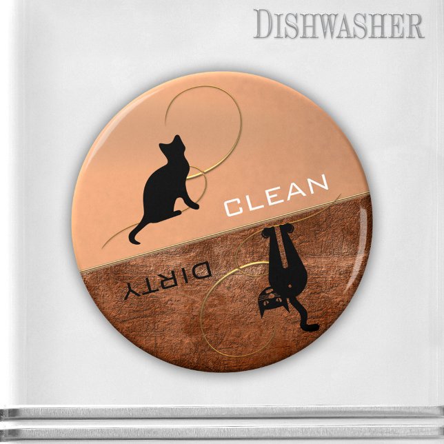 Imã Magneta da máquina de lavar louça com Gatinho sujo (Clean-dirty dishwasher magnet in rose gold metallic style with terra cotta and cute kitty silhouette)
