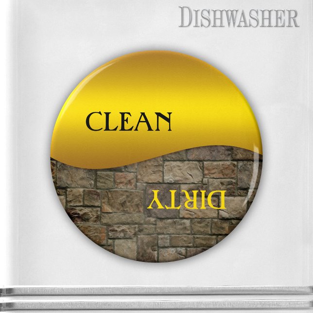 Imã Magneta da máquina de lavar louça limpa Ocher Ston (Clean-dirty dishwasher magnet featuring a gold ocher design on a sturdy brick background image)