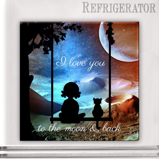 Imã Magneta de Amor à Lua do Gatinho Românico (Magnet featuring a little girl and her kitty on a swing overlooking a fantasy landscape with moon)