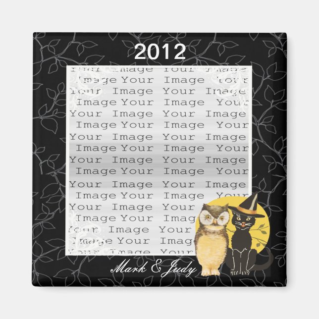 Imã Magneta de Casamento de Halloween de Cat & Owl (Frente)