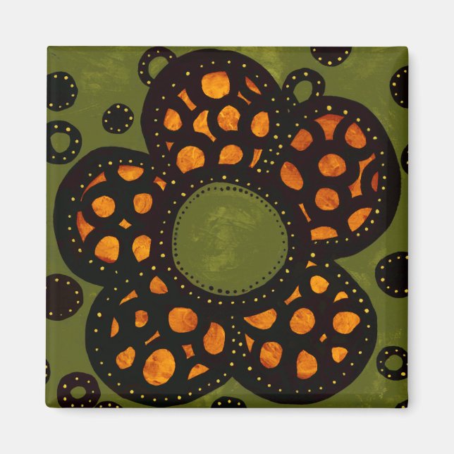 Imã Magneta de Flor Laranja e Verde Funky (Frente)
