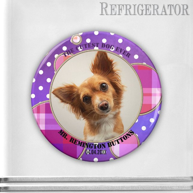 Imã Magneta de Fotografia Personalizada Pet Keepsasasa (Cute photo frame magnet featuring your custom photo framed by a modern purple artistic design)