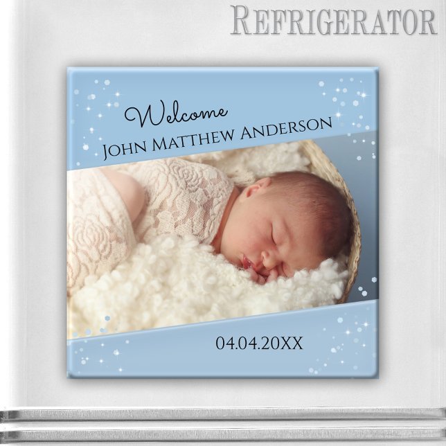 Imã Magneta de Fotografias Azuis com Dusty (Elegant photo frame magnet featuring your own baby photo framed by a dusty blue sparkly design)