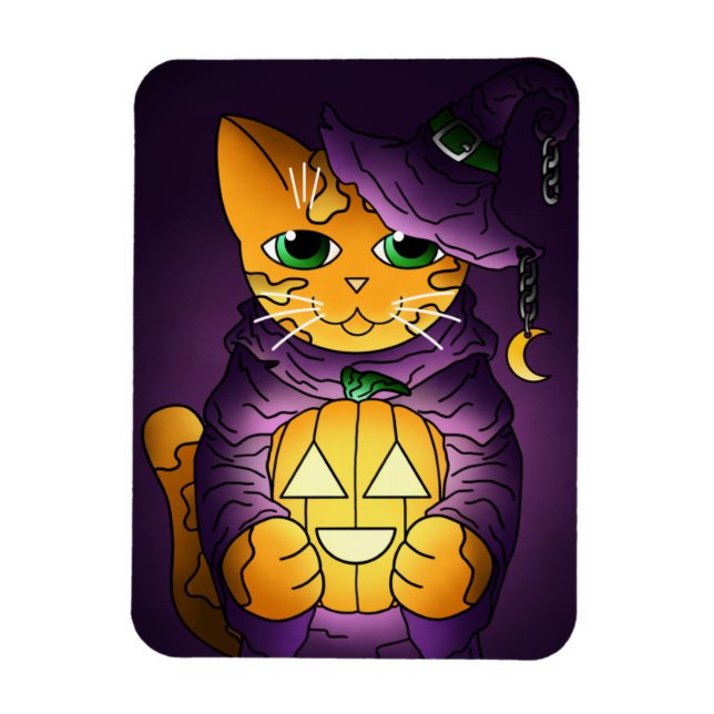 Ímã Magneta de Gato de Bruxas do Halloween Roxo (Vertical)