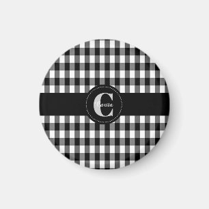 Imã Magneta de Gingham Preto/Branco Monograma