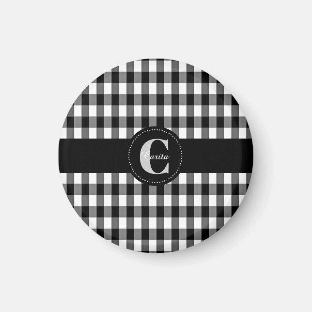 Imã Magneta de Gingham Preto/Branco Monograma (Frente)