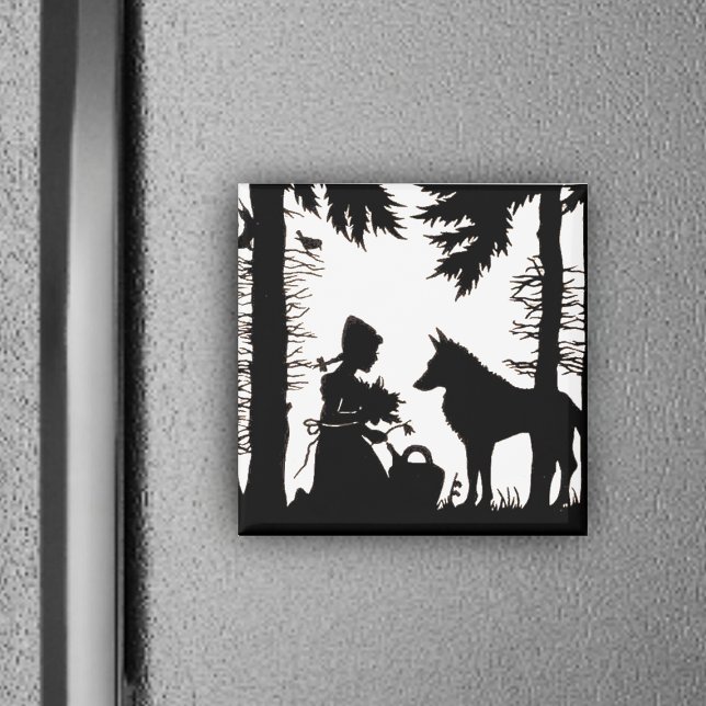 Imã Magneta de madeira vermelha (Black and white image Red Riding Hood in woods under trees with Wolf on magnet.)