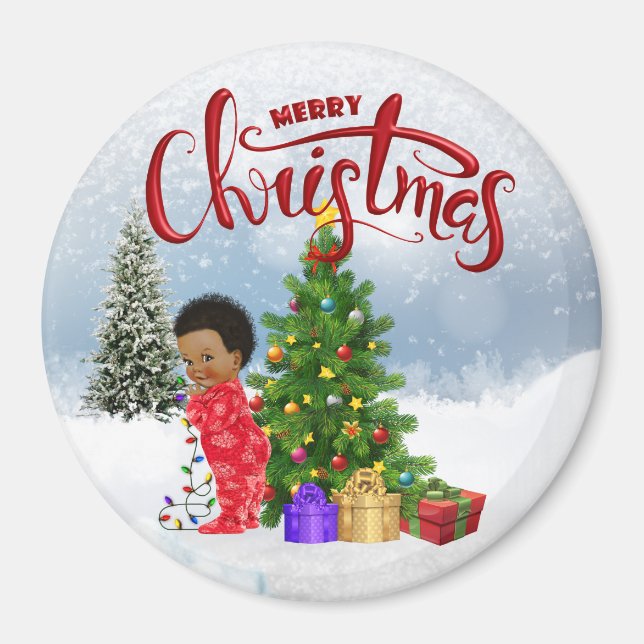 Imã Magneta de Natal de Bebê Afro-Americano (Frente)
