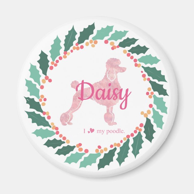 Imã Magneta de Natal de Poodle Rosa Personalizada (Frente)