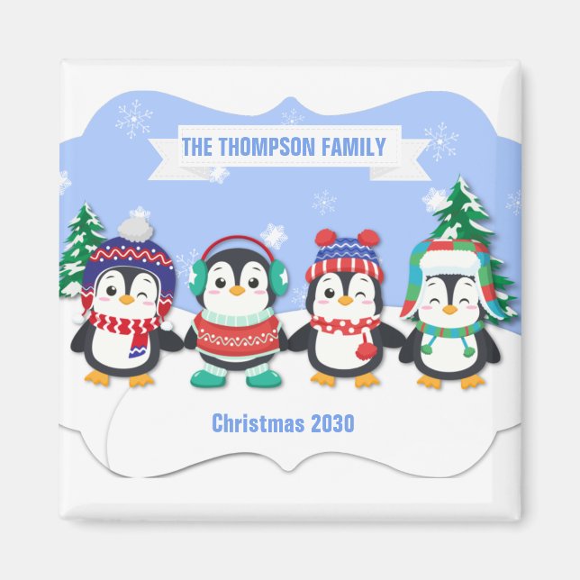 Imã Magneta de Natal de Quatro Pinguins Bonita Persona (Frente)