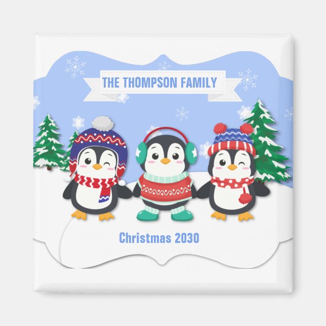 Imã Magneta de Natal de três pinguins, bonitinho perso (Frente)