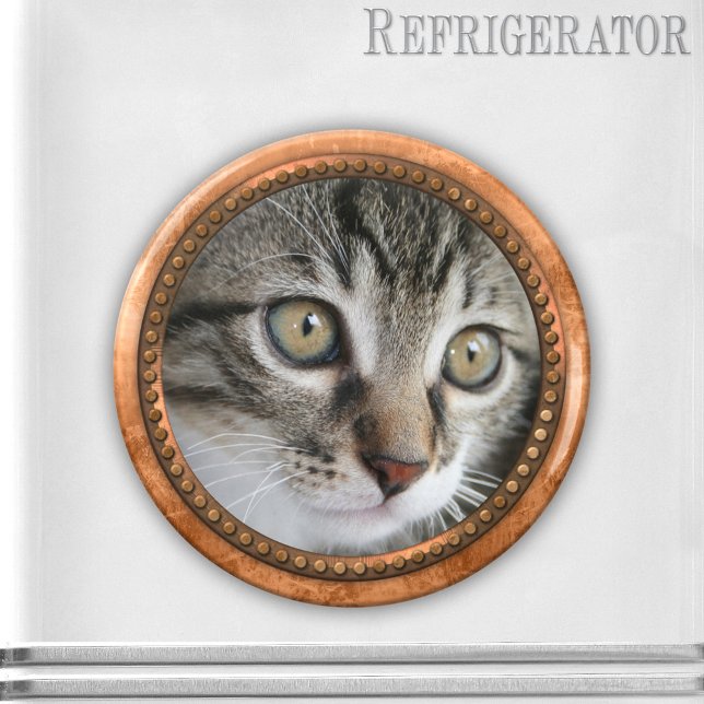 Imã Magneta de Porthole Metálica Dourada Moderna Rosa (Magnet with a rose gold metallic style frame and your own favorite cat or other photo)