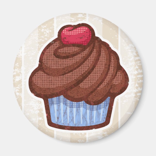 Imã Magneta do Cupcake retrô em azul e chocolate (Frente)