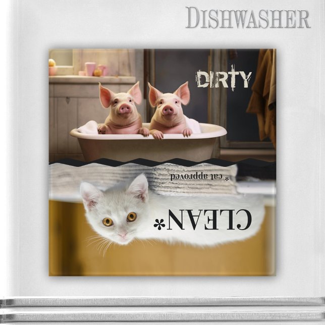Imã Magneta Engraçada De Lavadora De Gato De Suíno (Farmhouse dishwasher magnet featuring funny pigs in the bathtub and an upside-down white kitty)