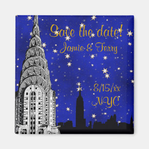 Imã Magneta NYC Skyline Silhouette Blue Star Save Date