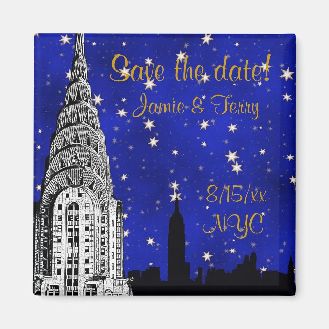 Imã Magneta NYC Skyline Silhouette Blue Star Save Date (Frente)