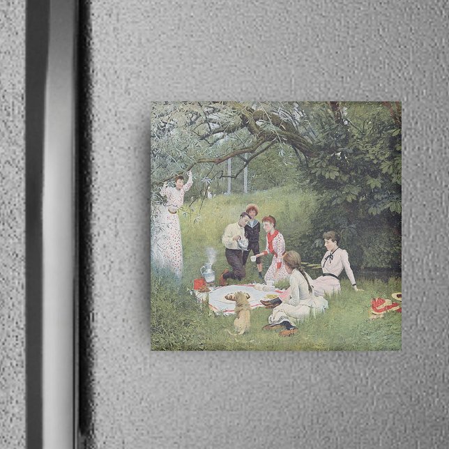 Imã Magneta Pictônica Vitoriana (Vintage image of Victorian family out in woods with dog for family picnic on square magnet.)