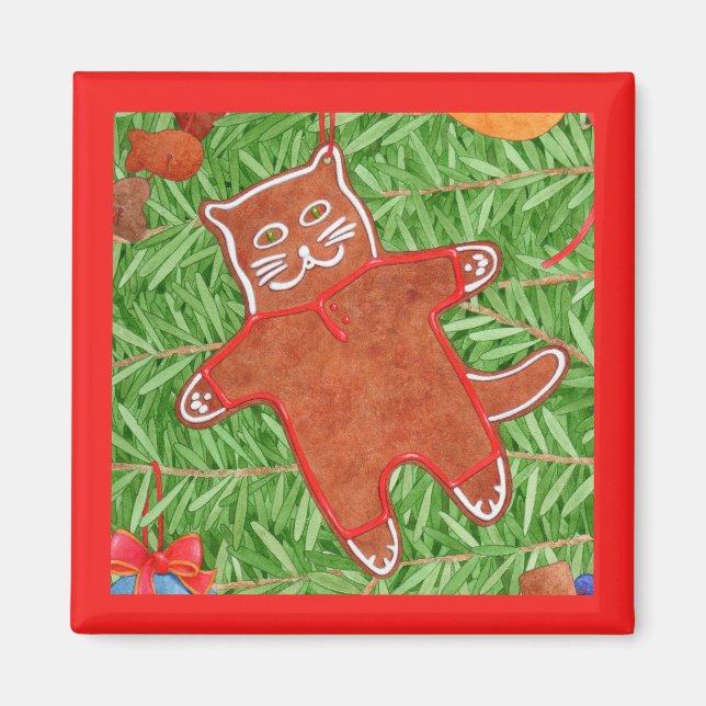 Imã Magneta quadrada do GATINHO GINGERBREAD / Vermelho (Frente)