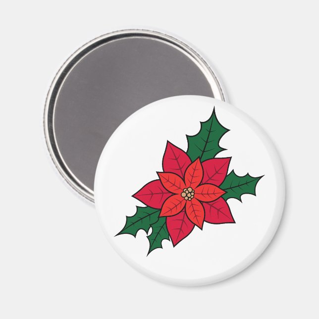 Imã Magneta redonda com poinsettia de Natal vermelha (Front/Back)