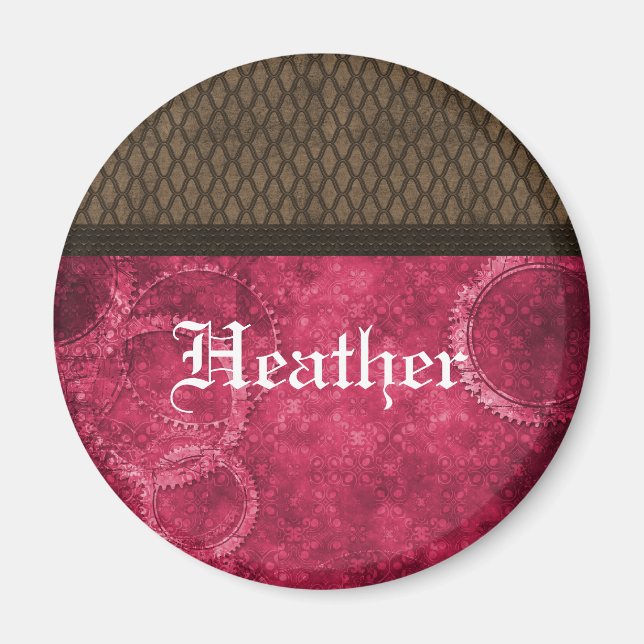 Imã Magneta Steampunk de Engrenagens Metálicas, Rosa (Frente)