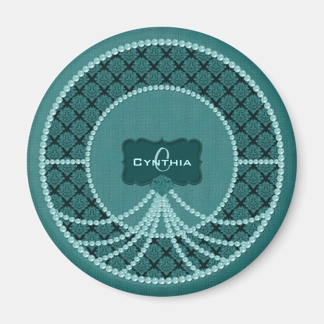 Imã Magneta Teal Pearl Damask-Round (Frente)
