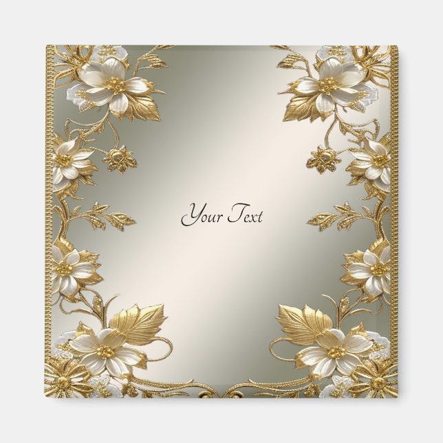 Imã Magneto de Ornamentado Dourado Floral Branco (Frente)