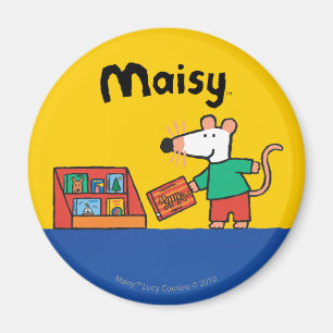 Imã Maisy com livros da biblioteca
