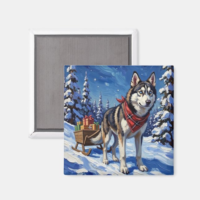 Imã Majestic Siberian Husky Pulling Christmas Sled (Front/Back)