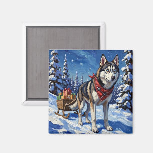 Imã Majestoso Husky Siberiano Puxando Trenó de Natal