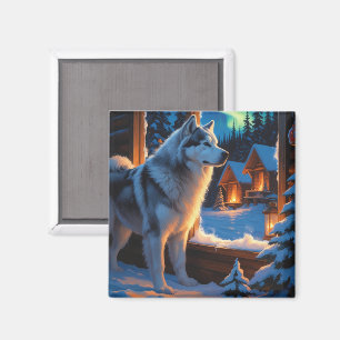 Imã Malamute do Alasca com Luzes de Natal Feriado